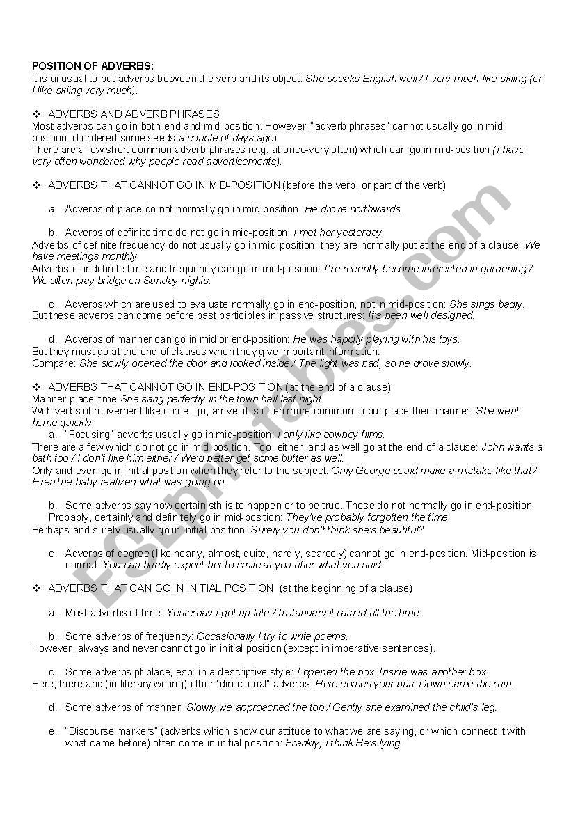 Adverbs` position worksheet